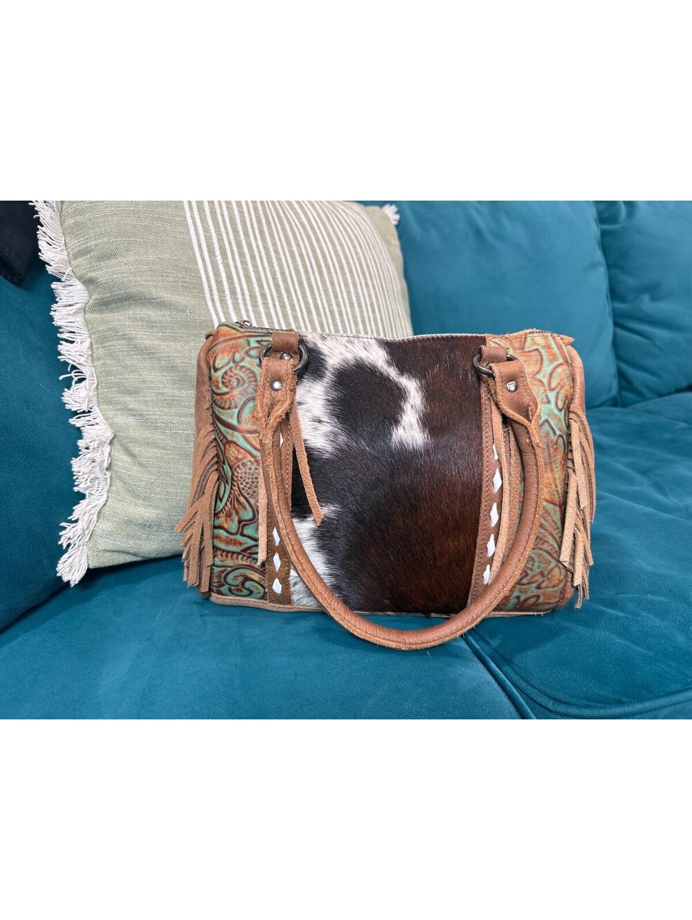Western Genuine Cowhide Leather Handbag Turquoise Tooled Fringe Hair On Hide